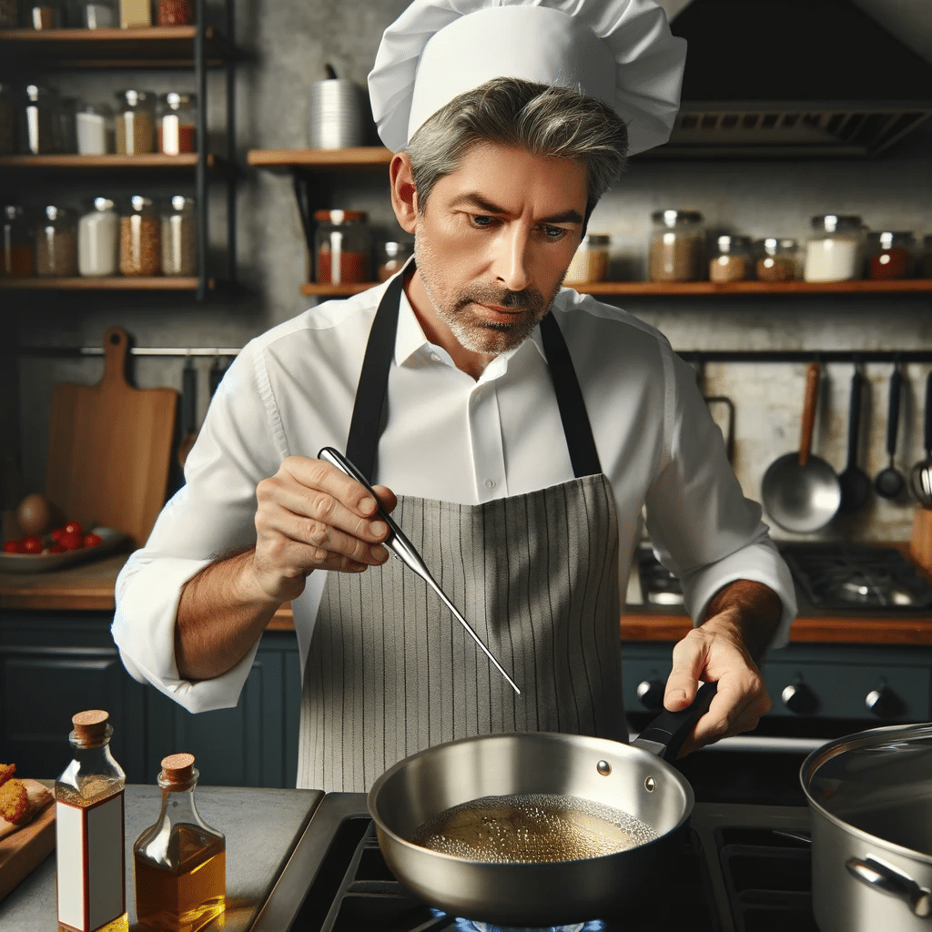 Une scène de cuisine avec un chef tenant un thermomètre mesurant soigneusement la température de l'huile dans une poêle à frire.